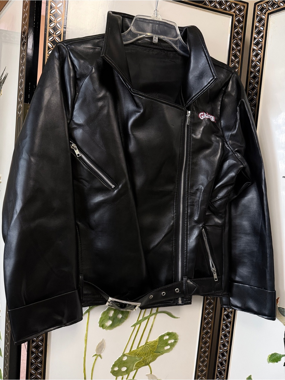 VINTAGE GREASE COSTUME T- BIRD FAUX LEATHER MOTORCYCLE jacket- custom rhinestone